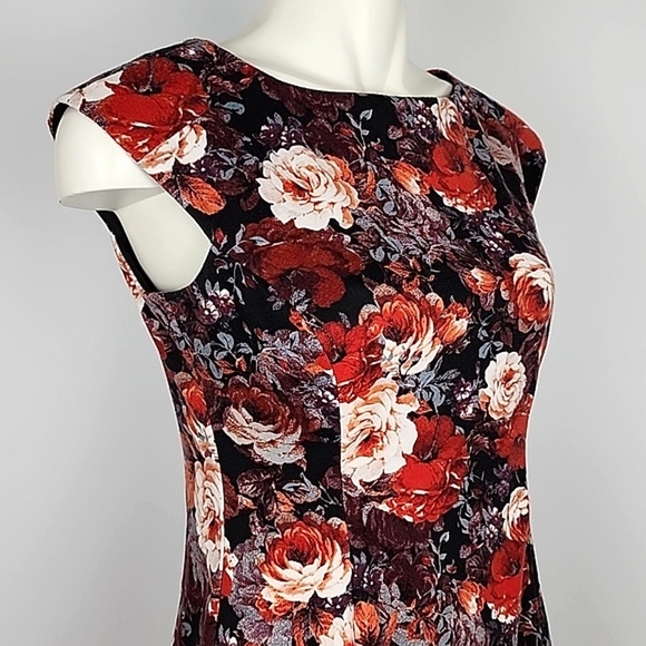 London Times Red Black Cream  Floral Print Sheath Dress Capped Sleeves Size 4 - Picture 5 of 15